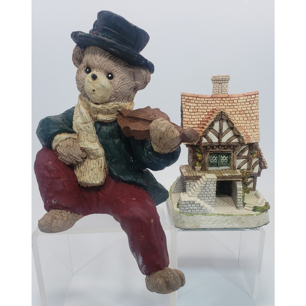 Violin Player Bear Figurine 6" & "The Weavers Lodgings" 1991 Vintage Cottage 5"